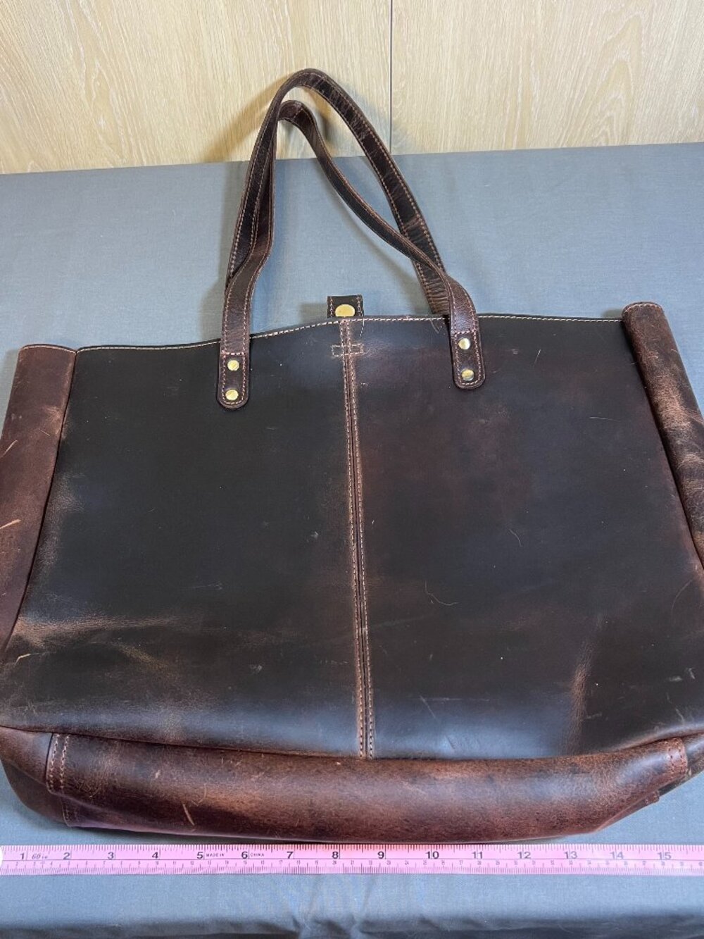 Large Distressed Genuine Leather Tote - Dark Brown - Good
